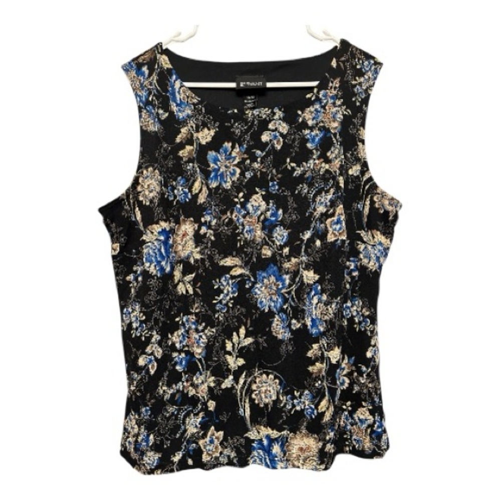 Vintage Y2K Era Lane Bryant Black and Blue Floral & Sparkling Gold Blouse 18/20